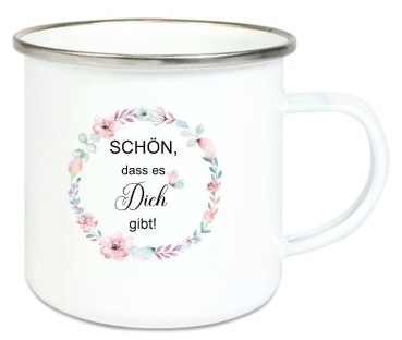 Preview: Tasse Becher Emailletasse Kranz Blüten, Rosen, Schön, dass es Dich gibt! Dankeschön, Geburtstag, Vatertag, Abschied, Jubiläum, Geschenk, Becher von Lüttentüddel