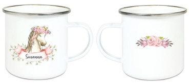 zauberhafte Tasse Emailletasse romantisches Pferd Blumen Boho Name, Wunschname, KITA Kindergarten, Einschulung, Dankeschön, Abschied, Jubiläum, Geschenk, Becher von Lüttentüddel