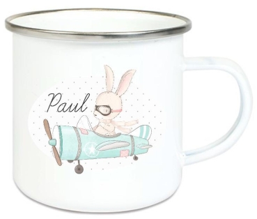 zauberhafte Tasse Emailletasse Pilot Flugzeug Hase blau, Name, Wunschname, KITA Kindergarten, Einschulung, Dankeschön, Abschied, Jubiläum, Geschenk, Becher von Lüttentüddel