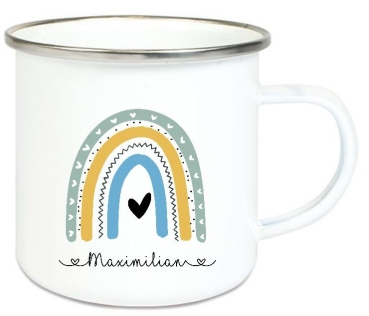 Preview: Tasse Emailletasse Regenbogen, Junge, Einschulung KITA Wunschname, Dankeschön, Geburtstag, Abschied, Jubiläum, Geschenk, Kommunion, Firmung Konfirmation, Becher von Lüttentüddel