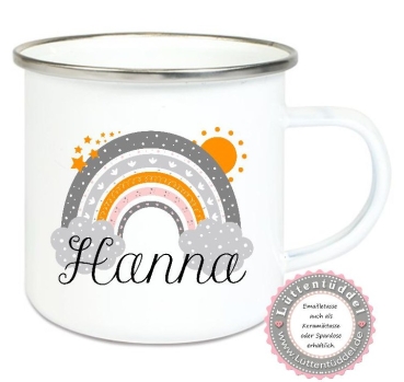 Becher Tasse Emaillebecher Regenbogen Sterne Sonne Wolken Einschulung KITA Wunschname, Dankeschön, Geburtstag, Abschied, Jubiläum, Geschenk, Kommunion, Firmung Konfirmation, Becher von Lüttentüddel