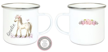 Tasse Emailletasse zauberhaftes Pferd Traumpferd Boho Schmetterlinge Blüten, Wunschname, Einschulung, KITA, Geburtstag, Dankeschön, Abschied, Jubiläum, Geschenk, Becher von Lüttentüddel