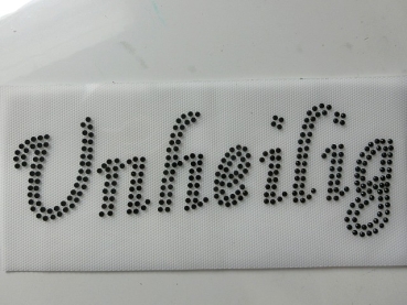 Preview: Unheilig Black Hotfix Hotglue Bügelbild Jacke Bluse Mantel Top Strass Schriftzug etc