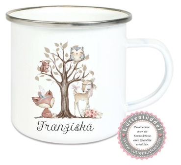 zauberhafte Tasse Emailletasse,Waldfreunde Reh Fuchs Eule Eichhörnchen Name Wunschname KITA Kindergarten Einschulung Becher Lüttentüddel