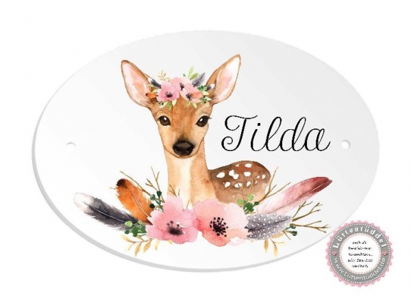 zauberhaftes ovales Türschild mit Reh und Wunschname, Kinderzimmer- zur Einschulung, Geburtstag, Taufe, Lüttentüddel®