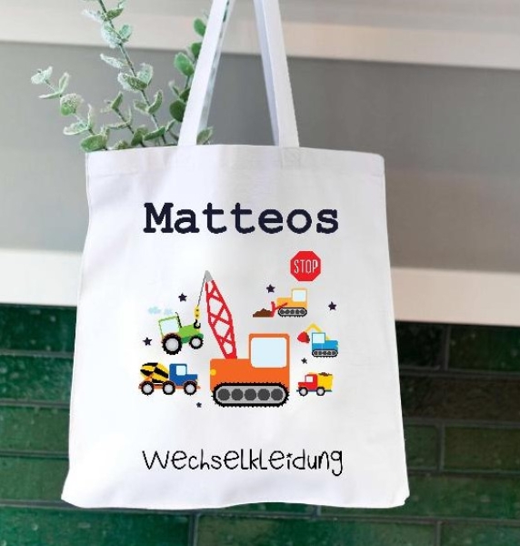 Baustellenfahrzeuge Tasche Wechselwäsche Wechselkleidung Name für Kindergarten  Wunschname KITA Kindergarten Einschulung Lüttentüddel®
