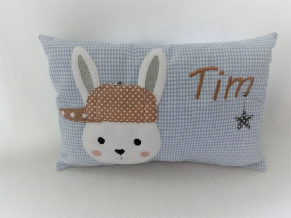★ 35x23 cm Kissen Geburt Hase Junge Name Taufe Wunschname Einschulung KITA Kissen to go... ★ von Lüttentüddel