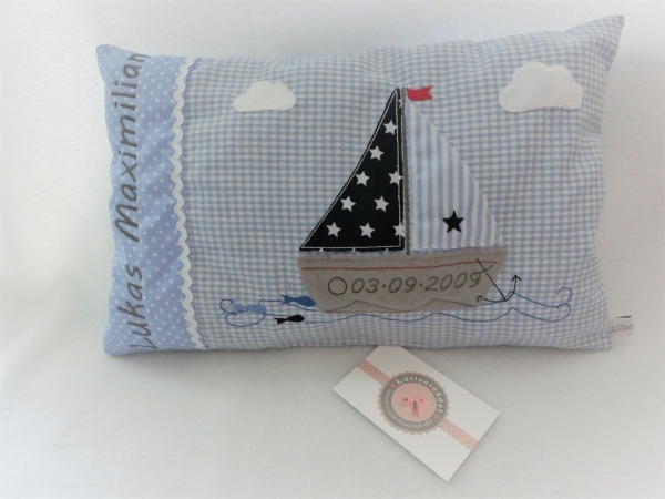 ★ 35x23 cm Kissen Geburt Taufe Einschulung KITA  Boot Segelboot Name Schmusekissen ★ von Lüttentüddel