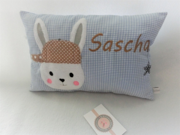★ 35x23 cm Kissen Geburt Hase Junge Name Taufe Wunschname Einschulung KITA Kissen to go... ★ von Lüttentüddel