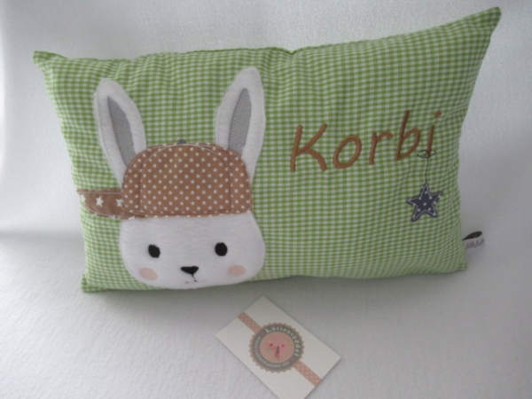 ★ 35x23 cm Kissen Geburt Hase Junge Name Taufe Wunschname Einschulung KITA Kissen to go... ★ von Lüttentüddel