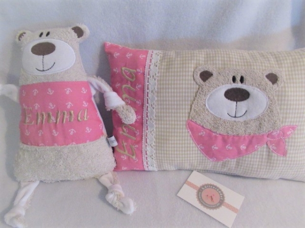 ★ 35x23 cm Kissen Anker Geburt Einschulung Schmusekissen Kita ... Bär Halstuch Name ★ von Lüttentüddel