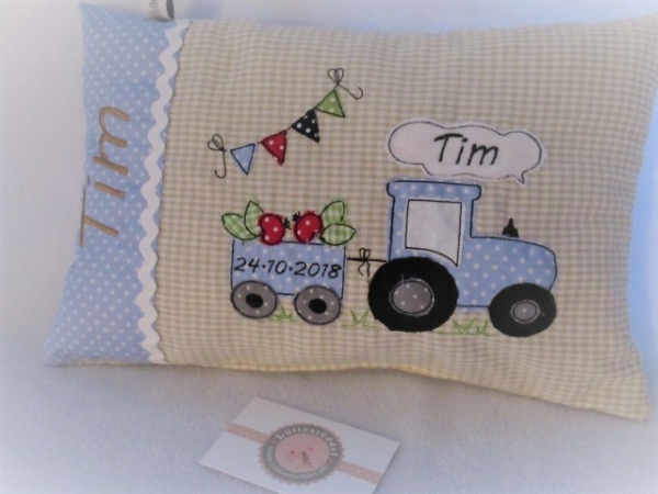 ★ 35x23 cm Kissen Geburt Taufe Einschulung KITA Kissen to go... Schmusekissen Traktor Trecker Name ★ von Lüttentüddel