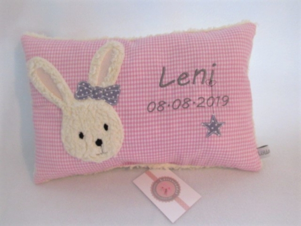 ★ 35x23 cm Kissen Geburt Hase Schleife Mädchen Name  Einschulung Taufe Schmusekissen Kissen to go...★ von Lüttentüddel