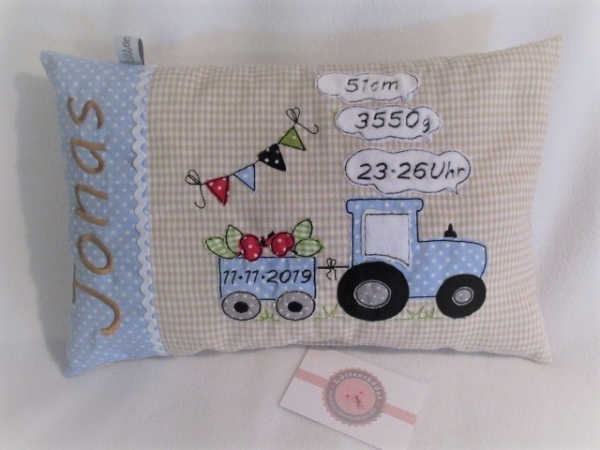 ★ 35x23 cm Kissen Geburt Kita Einschulung Taufe Traktor Trecker Name ★ von Lüttentüddel