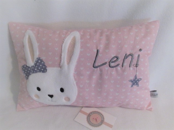 ★ 35x23 cm Kissen Geburt Hase Mädchen Name Herzen Einschulung Geburt Taufe ★ von Lüttentüddel