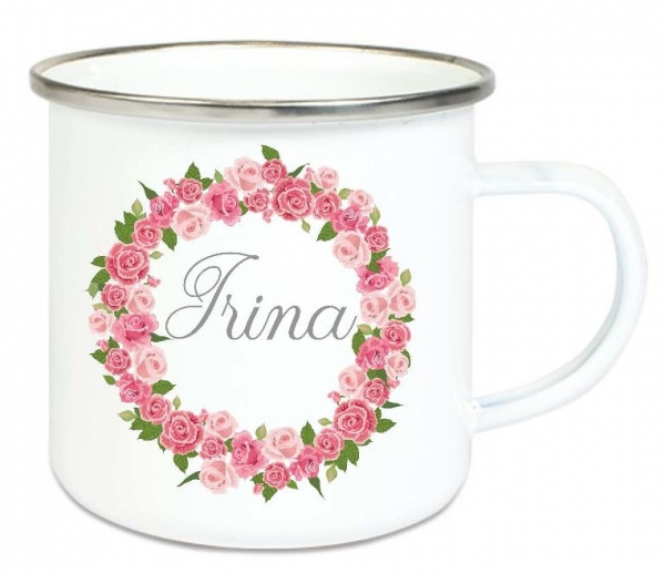 ♥ Tasse Emailletasse Blumenkranz zarte Röschen Wunschname, Dankeschön, Abschied, Jubiläum, Geschenk, Becher von Lüttentüddel