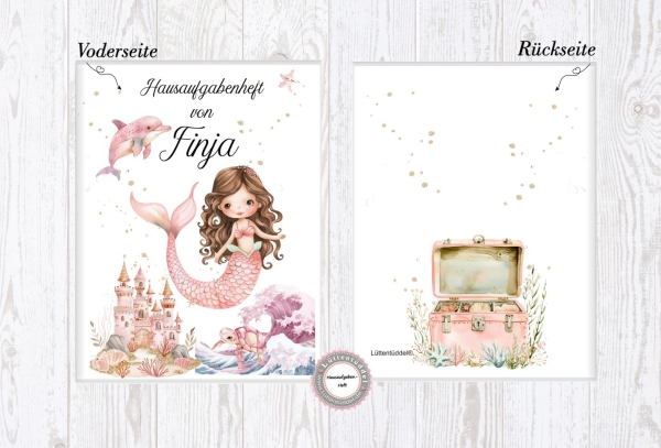 zauberhaftes Schulheft Umschlag Meerjungfrau Nixe Name Hausaufgabenheft in seperater Hochwertiger Hülle Einschulung Schulkind von Lüttentüddel®