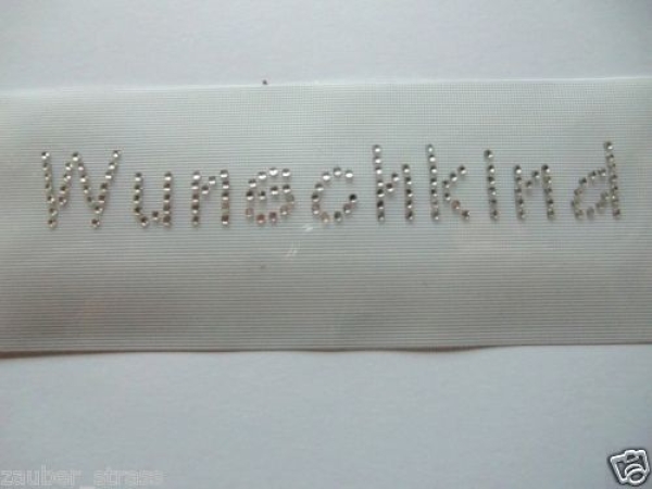 Wunschkind Schriftzug Strass Hotglue Hotfix Bügelbild Kinderwagen