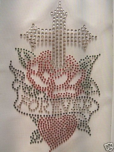 Kreuz Rose Herz FOREVER Strass HOTFIX HOTGLUE Bügelbild Applikation