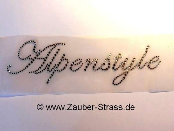 Alpenstyle Schriftzug für Schiebevorhang Stuhlhusse Strass Hotglue Hotfix Bügelbild Oktoberfest