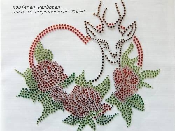 Reh Rosen Herz Hirsch mit Strass Bügelbild Hotfix Hotglue