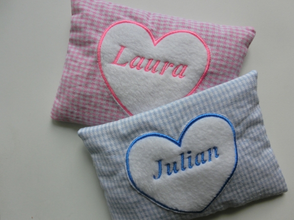 Nicky Herz Name Wunschname Körnerkissen Wärmekissen Dinkel Lavendel Stickerei