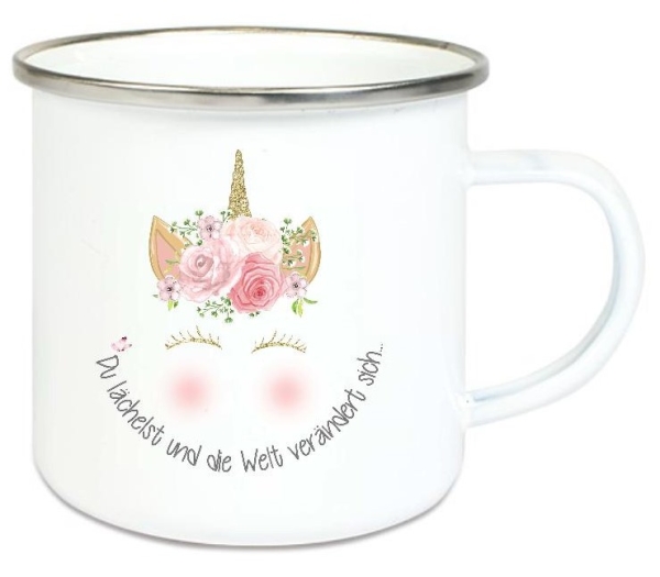 ♥ Tasse Emailletasse Einhorn, Du lächelst und die Welt verändert sich... Dankeschön, Geburtstag, Vatertag, Abschied, Jubiläum, Geschenk, Becher von Lüttentüddel