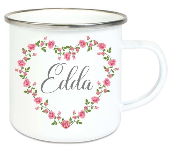 ♥ Tasse Emailletasse Herz Blumenherz Kranz kleine Röschen Wunschname, Dankeschön, Abschied, Jubiläum, Geschenk, Becher von Lüttentüddel