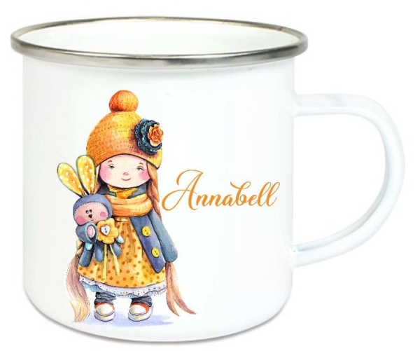 ♥ Tasse Emailletasse Hase Mädchen Doll tolle Farben, Wunschname, Einschulung KITA Dankeschön, Abschied, Jubiläum, Geschenk, Becher von Lüttentüddel