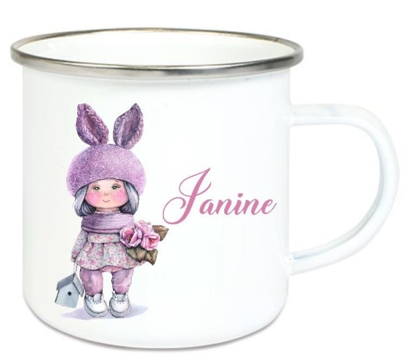 ♥ Tasse Emailletasse Flieder Mädchen Doll tolle Farben, Wunschname, Einschulung KITA Dankeschön, Abschied, Jubiläum, Geschenk, Becher von Lüttentüddel