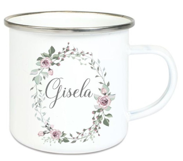♥ Tasse Emailletasse Kranz Rosenkranz Blätter Wunschname, Dankeschön, Abschied, Jubiläum, Geschenk, Becher von Lüttentüddel