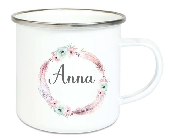 Tasse Emailletasse Kranz zarte Blüten Federn Röschen tolle Farben Wunschname, Dankeschön, Abschied, Jubiläum, Geschenk, Becher von Lüttentüddel