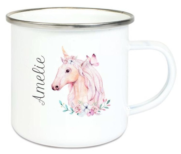 Tasse Emailletasse zauberhaftes Einhorn Boho Schmetterlinge Blüten, Wunschname, Einschulung, KITA, Geburtstag, Dankeschön, Abschied, Jubiläum, Geschenk, Becher von Lüttentüddel