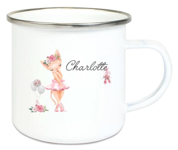 zauberhafte Tasse Emailletasse Ballerina Kätzchen Boho Name, Wunschname, KITA Kindergarten, Einschulung, Dankeschön, Abschied, Jubiläum, Geschenk, Becher von Lüttentüddel