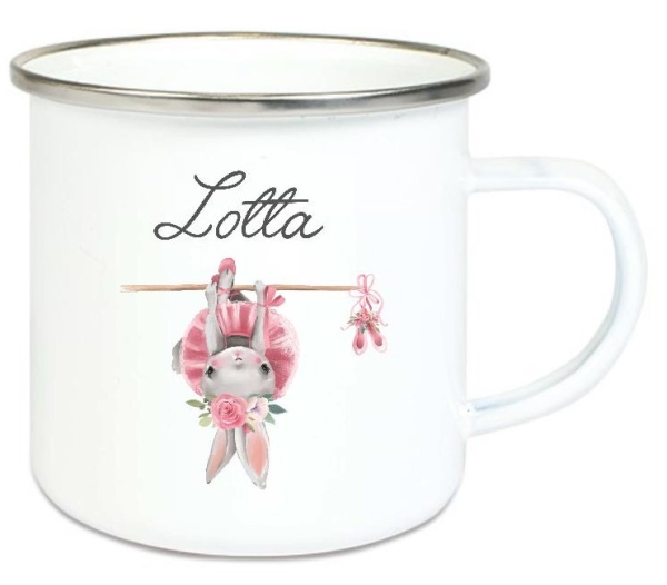 zauberhafte Tasse Emailletasse Ballerina Häschen sportlich, Boho Name, Wunschname, KITA Kindergarten, Einschulung, Dankeschön, Abschied, Jubiläum, Geschenk, Becher von Lüttentüddel