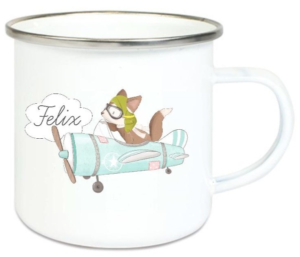 zauberhafte Tasse Emailletasse Pilot Flugzeug Fuchs blau, Name, Wunschname, KITA Kindergarten, Einschulung, Dankeschön, Abschied, Jubiläum, Geschenk, Becher von Lüttentüddel