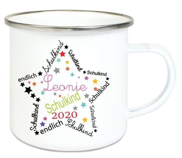 zauberhafte Tasse Emailletasse Schulkind Stern, bunt, Mädchen, Name, Wunschname, KITA Kindergarten, Einschulung, Dankeschön, Abschied, Jubiläum, Geschenk, Becher von Lüttentüddel