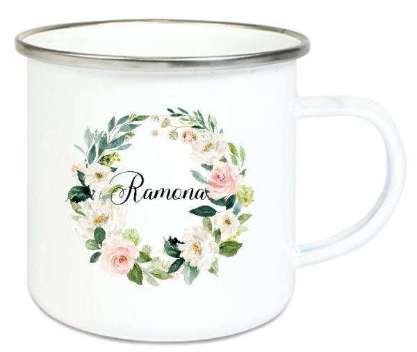 ♥ Tasse Emailletasse Blumenkranz zarte Moosröschen Wunschname, Dankeschön, Geburtstag, Abschied, Jubiläum, Geschenk, Becher von Lüttentüddel