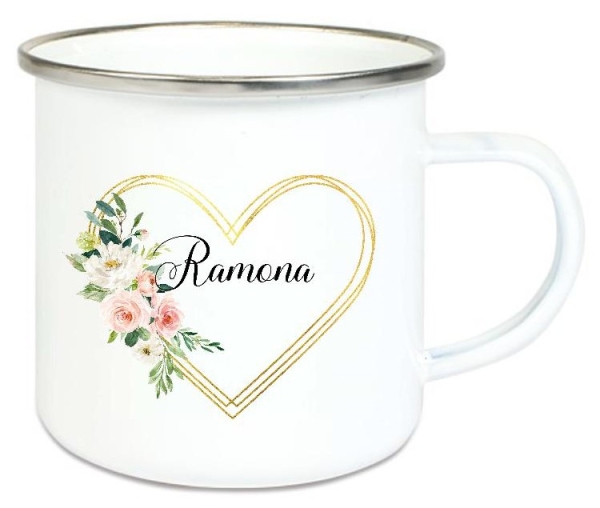 Tasse Emailletasse Blumenkranz Herz zarte Rosen pastel Wunschname, Dankeschön, Geburtstag, Abschied, Jubiläum, Geschenk, Becher von Lüttentüddel