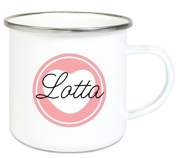 Tasse Emailletasse Button Herz, Einschulung KITA Wunschname, Dankeschön, Geburtstag, Abschied, Jubiläum, Geschenk, Becher von Lüttentüddel