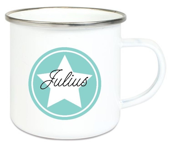 Tasse Emailletasse Button Stern, Einschulung KITA Wunschname, Dankeschön, Geburtstag, Abschied, Jubiläum, Geschenk, Becher von Lüttentüddel