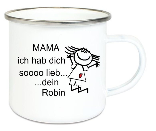 Tasse Emailletasse Strichmännchen Mama... Name, Wunschname, Dankeschön, Abschied, Jubiläum, Geschenk, Becher von Lüttentüddel