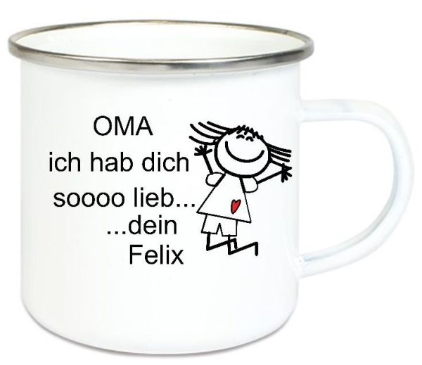 Tasse Emailletasse Strichmännchen Oma ... Name, Wunschname,Vatertag, Muttertag Dankeschön, Abschied, Jubiläum, Geschenk, Becher von Lüttentüddel