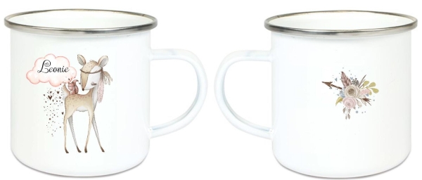 zauberhafte Becher Tasse Emailletasse Reh Rehlein Federn Indianer Name, Wunschname, KITA Kindergarten, Einschulung, Dankeschön, Abschied, Jubiläum, Geschenk, Becher von Lüttentüddel®