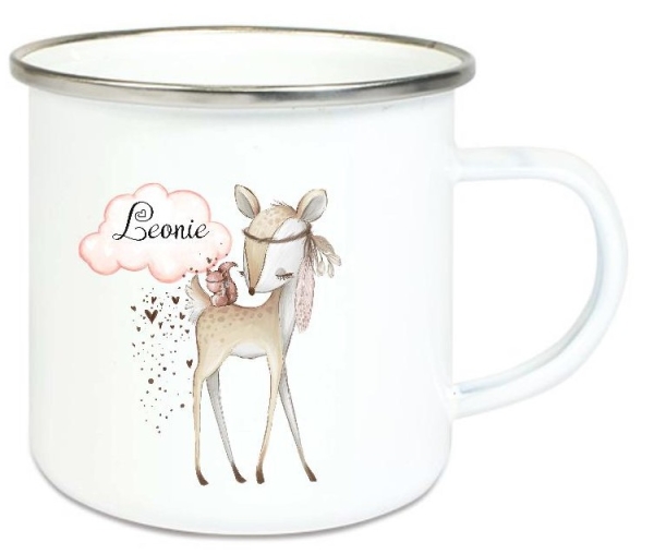 zauberhafte Becher Tasse Emailletasse Reh Rehlein Federn Indianer Name, Wunschname, KITA Kindergarten, Einschulung, Dankeschön, Abschied, Jubiläum, Geschenk, Becher von Lüttentüddel®