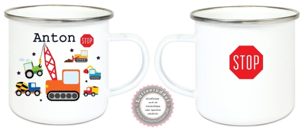 zauberhafte Tasse Emailletasse, Becher,  Bagger Sterne  Name,  Wunschname, KITA Kindergarten, Einschulung, Dankeschön, Abschied, Jubiläum, Geschenk, Becher von Lüttentüddel