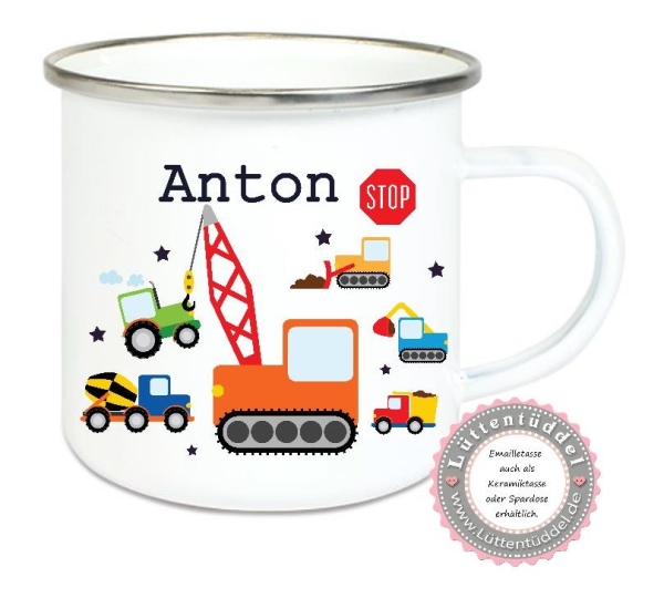 zauberhafte Tasse Emailletasse, Becher,  Bagger Sterne  Name,  Wunschname, KITA Kindergarten, Einschulung, Dankeschön, Abschied, Jubiläum, Geschenk, Becher von Lüttentüddel