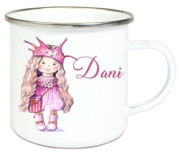 ♥ Tasse Emailletasse Krönchen Mädchen Doll tolle Farben, Wunschname, Einschulung KITA Dankeschön, Abschied, Jubiläum, Geschenk, Becher von Lüttentüddel