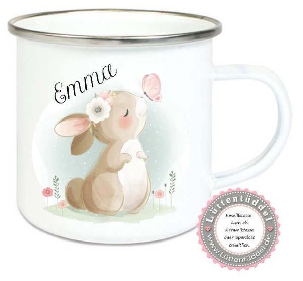 Tasse Emailletasse zuckersüßer Hase mit Schmetterling tolle Farben, Wunschname, Einschulung KITA Dankeschön, Abschied, Jubiläum, Geschenk, Becher von Lüttentüddel