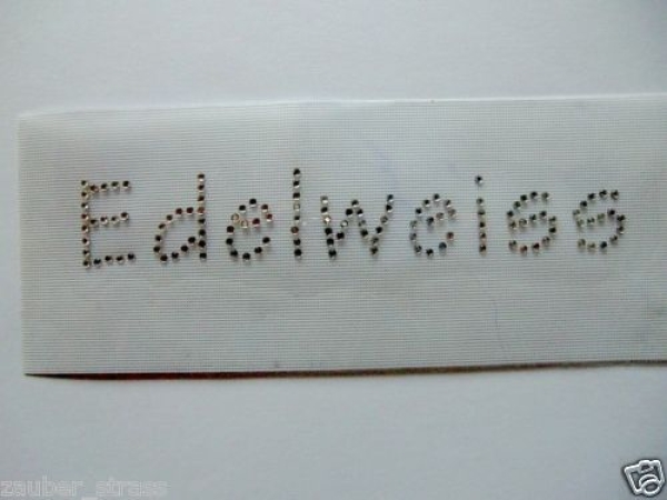 Edelweiss Schriftzug Strass Hotglue Hotfix Bügelbild Zauberstrass